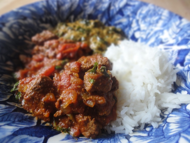 Beef curry (with spinach saag and rice)